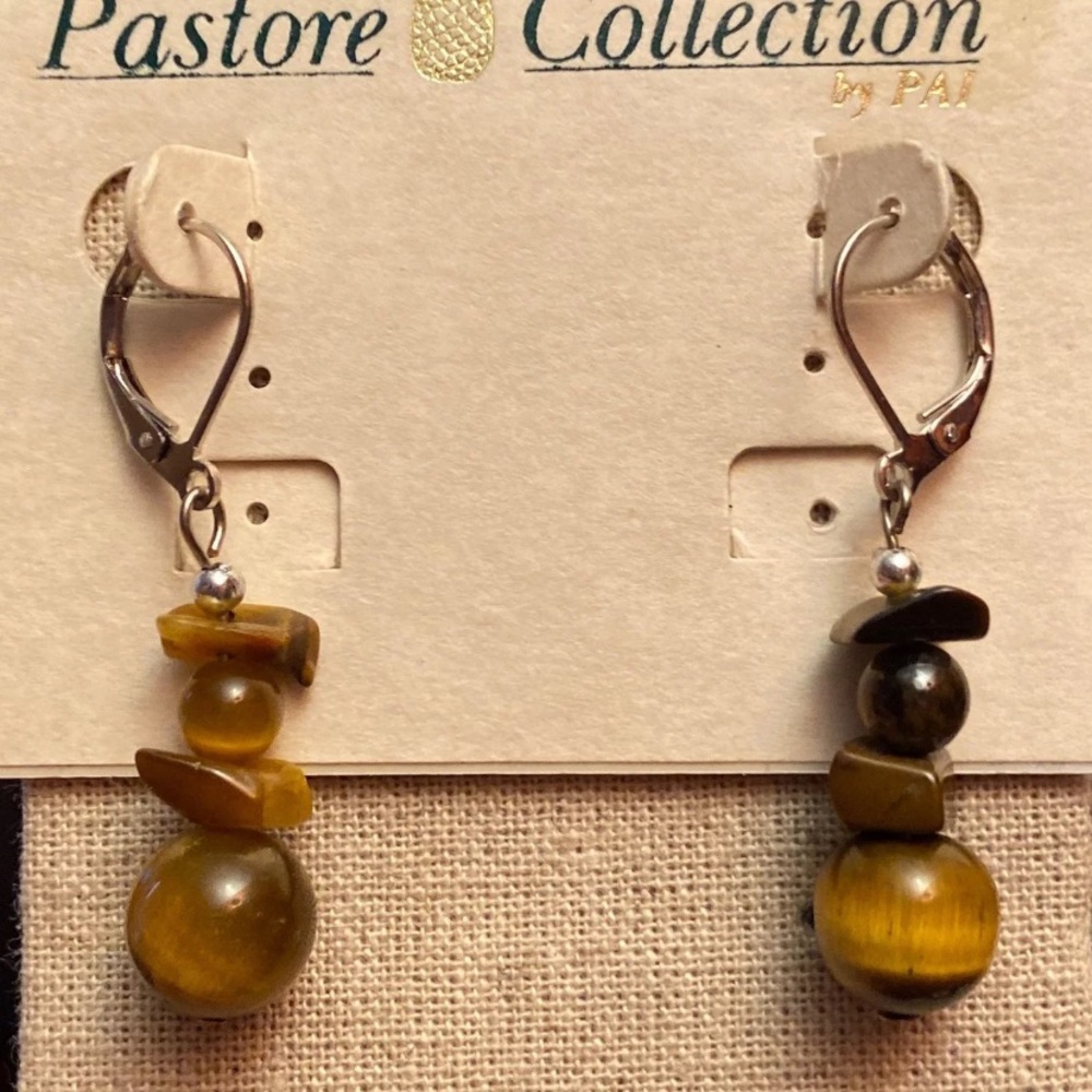 Tigers Eye Cats Eye Dangle Earrings - Picture 3 of 8